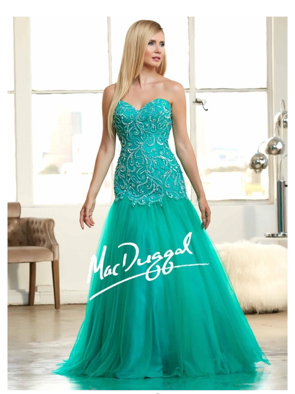 Mac Duggal Teal Beaded Strapless Ball Gown Prom Dress Size 4 Formal Mermaid